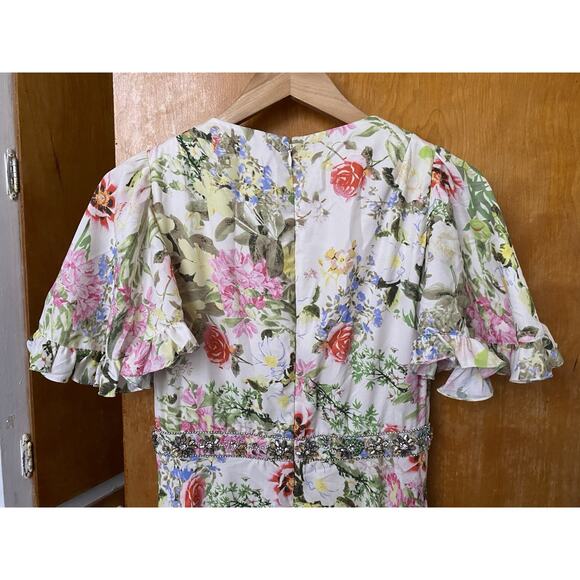 MAC DUGGAL Floral Print Maxi Dress Gown 9079 Beaded Waist Flutter Sleeve Sz 4 - Picture 5 of 10